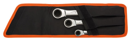 Bahco 3 Piece Metric Reversible Spanner Set featuring ratcheting spanners with four sizes each, ideal for tight spaces.