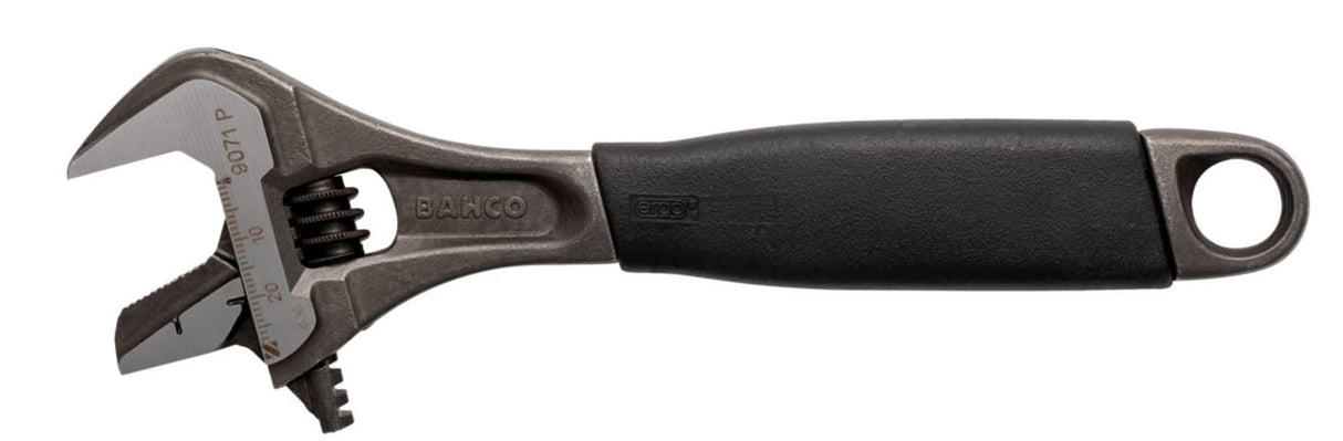 Bahco 200mm adjustable wrench with ergonomic thermoplastic handle, corrosion-resistant finish, and versatile jaw opening.