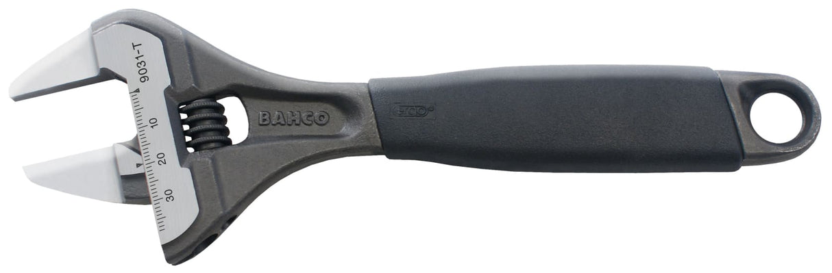 Bahco 218mm adjustable wrench with ergonomic grip, wide jaw opening, and high-performance alloy steel for durability.