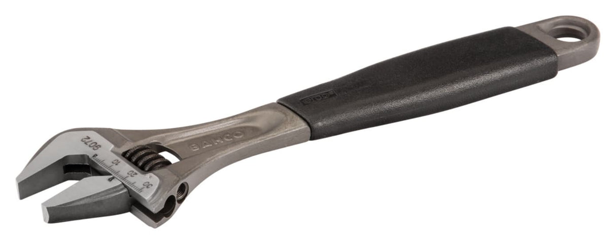 Bahco 257mm adjustable wrench with ERGO design, thermoplastic grip, precise scale, and 15° head angle for tight access.