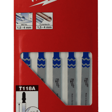 Milwaukee 5 Piece T118A Jigsaw Blade Set for precise, smooth cuts on metal and thin sheets; high-speed steel construction.