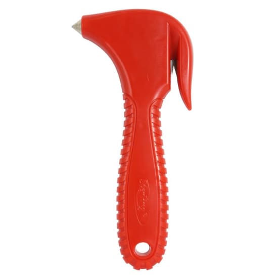 Compact emergency hammer and cutter with steel-tipped punch and serrated blade for quick escape from vehicles.