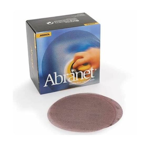 Abranet 150mm sanding disc pack, featuring 320 grit for dust-free sanding on wood, metal, and plastics. 50 durable discs included.