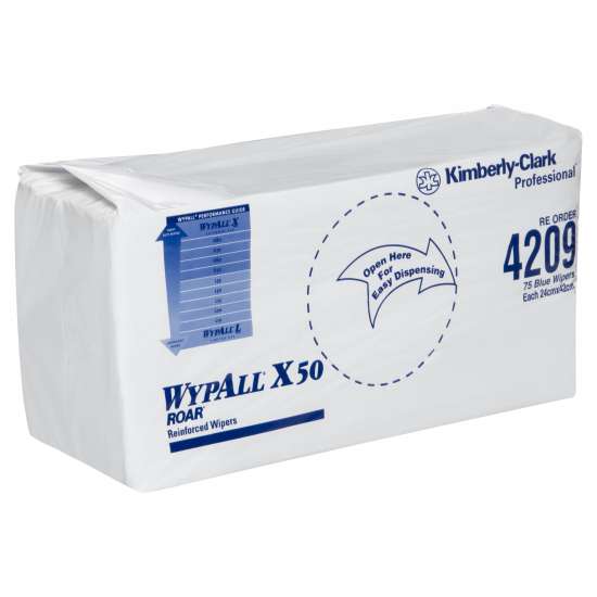 WypAll X50 blue wipers in 8 packs; 4-ply, durable, absorbent, ideal for spills and food prep in kitchens and workshops.