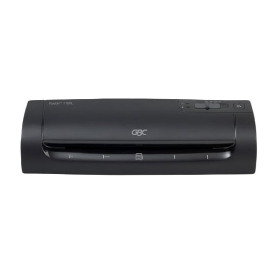 GBC Fusion 1100L A4 Laminator in black, compact design for easy storage, features dual switch and auto shut-off for safety.