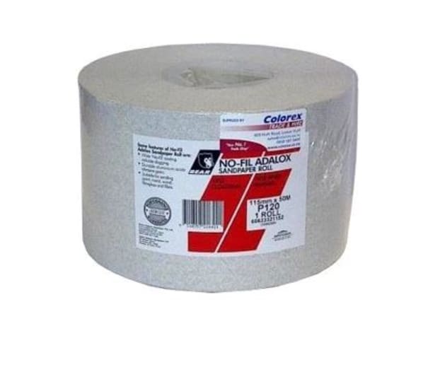 Nofil Sandpaper Roll 240 Grit, 115mm x 50m, with Zinc Stearate coating for reduced clogging, durable disc weight backing.