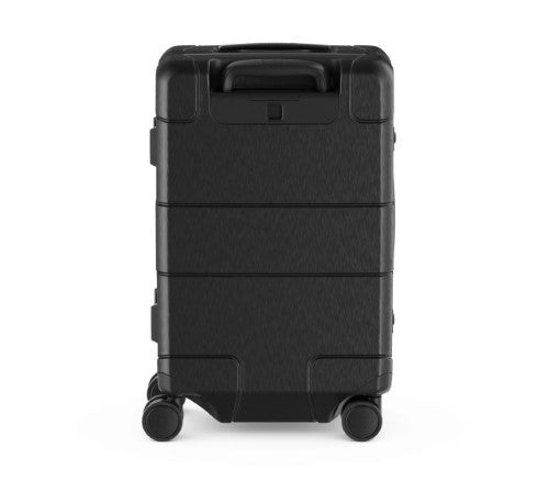 Sleek black Victorinox Lexicon Framed carry-on with aluminum frame, TSA locks, 30L capacity, and recessed wheels for easy travel.