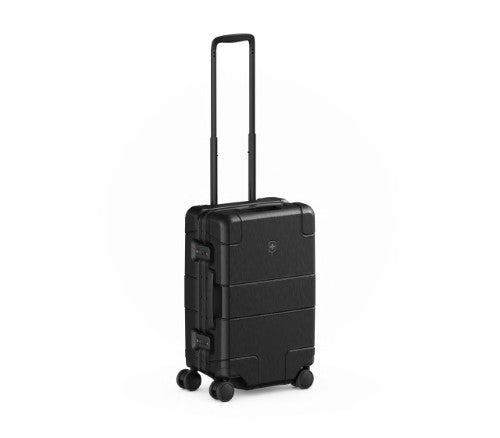 Sleek black Victorinox Lexicon Carry On luggage featuring aluminum frame, TSA locks, and effortless 4-wheel maneuverability.