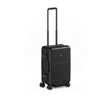 Sleek black Victorinox Lexicon Carry On luggage featuring aluminum frame, TSA locks, and effortless 4-wheel maneuverability.