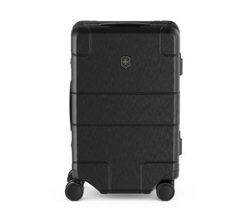 Black Victorinox Lexicon Framed Carry On Luggage with TSA locks, 30L capacity, 4 spinner wheels, and aluminum stability.