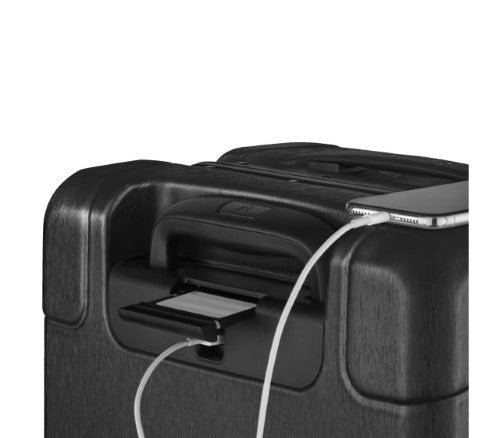 Sleek black Victorinox Lexicon Framed carry-on luggage featuring aluminum frame, TSA locks, and 4 dual caster wheels for easy travel.