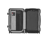 Sleek black Victorinox Lexicon carry-on luggage, featuring a lightweight aluminum frame and TSA-approved locks for security.