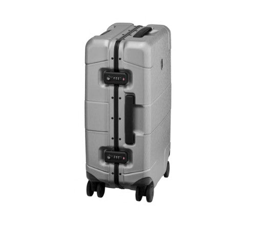 Sleek silver Victorinox Lexicon Carry-On Luggage with recessed wheels, durable aluminum frame, and TSA locks for secure travel.