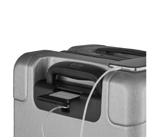 Sleek silver carry-on luggage with aluminum frame, spacious 30L capacity, and smooth dual spinner wheels for effortless travel.