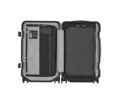 Sleek silver Victorinox Lexicon carry-on luggage features a durable frame, TSA locks, 30L capacity, and smooth dual spinner wheels.