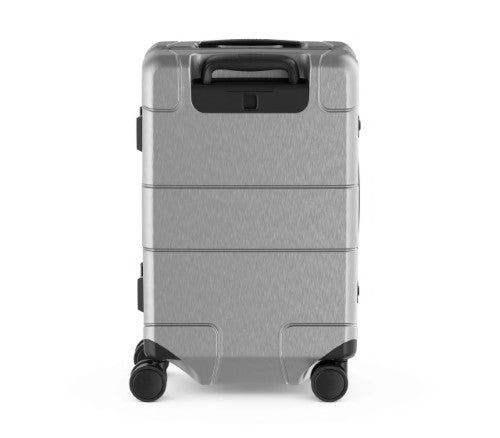 Sleek silver Victorinox Lexicon Carry-On Luggage, featuring recessed wheels, TSA locks, and durable aluminum frame for secure travel.