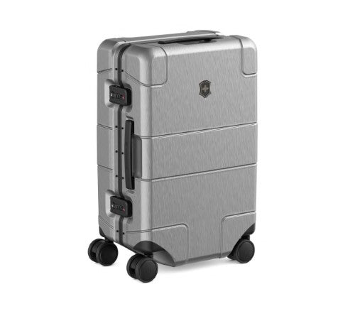 Sleek silver Victorinox Lexicon Carry-On Luggage features aluminum frame, spacious 30L capacity, and smooth dual spinner wheels.