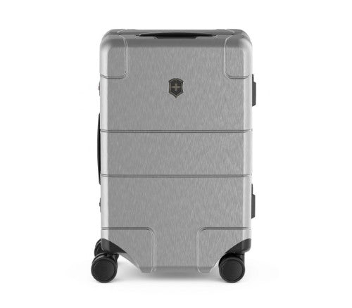 Sleek silver Victorinox Lexicon Framed Carry-On Luggage with recessed wheels, aluminum frame, and TSA locks for safety.