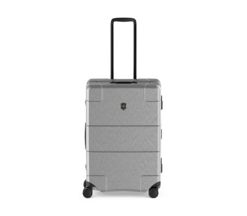 Sleek silver Victorinox Lexicon luggage with aluminum frame, dual TSA locks, and 72-liter capacity for modern travelers.