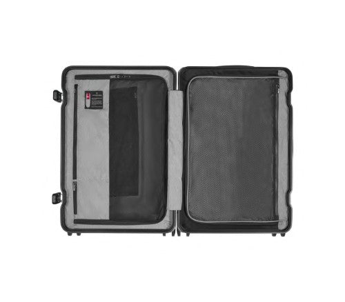 Victorinox Lexicon Framed Medium luggage in silver, featuring a robust aluminum frame, TSA locks, and 72L capacity.