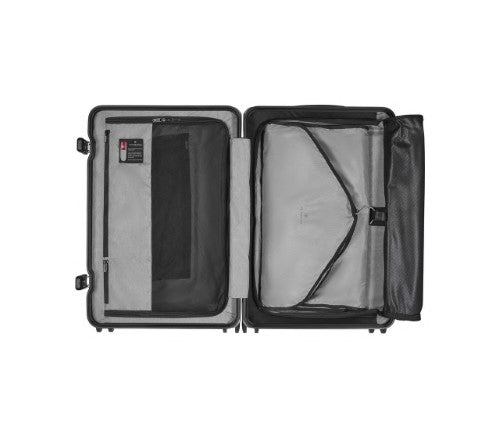 Sleek silver Victorinox Lexicon framed medium luggage with durable polycarbonate, TSA locks, and 72-liter capacity for stylish travel.