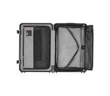 Sleek silver Victorinox Lexicon framed medium luggage with durable polycarbonate, TSA locks, and 72-liter capacity for stylish travel.