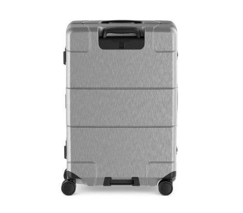 Victorinox Lexicon Framed Medium luggage in silver, features durable polycarbonate, dual TSA locks, and smooth spinner wheels.