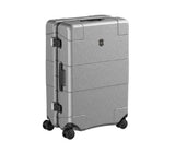 Sleek silver Victorinox Lexicon Medium luggage with aluminum frame, TSA locks, and 72L capacity for stylish, secure travel.