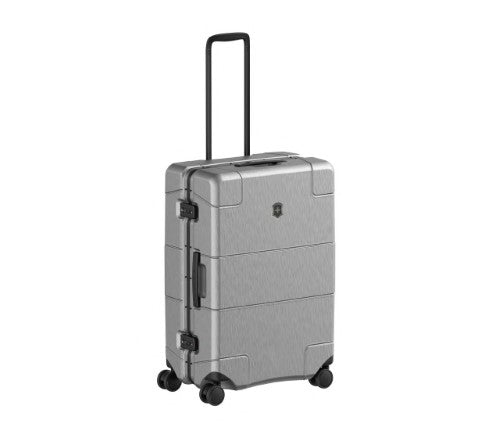 Sleek silver Victorinox Lexicon Framed Medium luggage with TSA locks, aluminum frame, and efficient packing design.