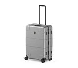 Sleek silver Victorinox Lexicon Medium luggage with aluminum frame, TSA locks, and 4 dual-caster wheels for easy travel.