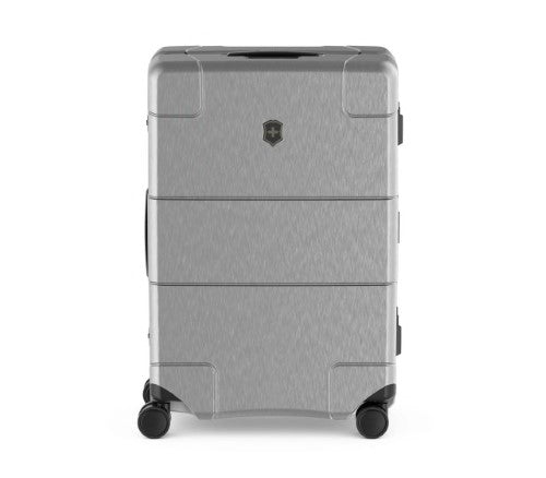 Sleek silver Victorinox Lexicon Framed Medium luggage with aluminum frame, TSA locks, and 72L capacity for modern travelers.