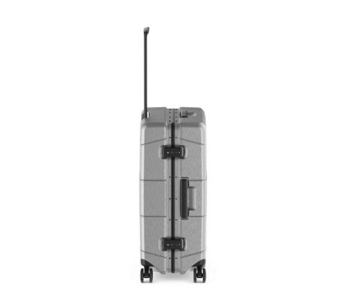 Sleek silver Victorinox Lexicon medium luggage with aluminum frame, TSA locks, and lightweight design for modern travelers.