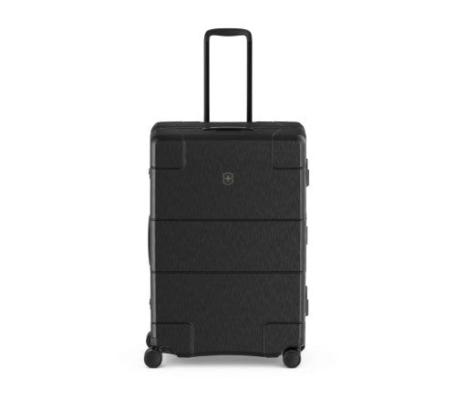 Victorinox Lexicon Framed Large Hardside Case in black, featuring aluminum frame, TSA locks, and 4 dual caster wheels for easy travel.