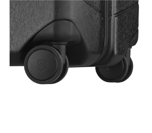 Sleek black Victorinox Lexicon luggage with aluminum frame, TSA locks, and 4 dual-caster wheels for easy travel.