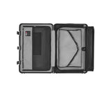 Sleek black Victorinox Lexicon luggage with aluminum frame, TSA locks, and spacious 96L capacity, ideal for travel.