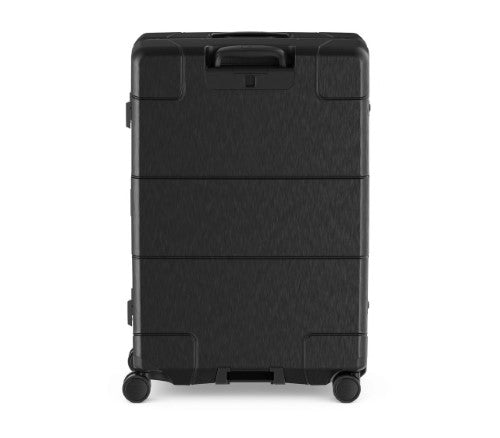 "Victorinox Lexicon Framed Large hardside luggage in black, features durable aluminum frame, TSA locks, and spacious 96L capacity."