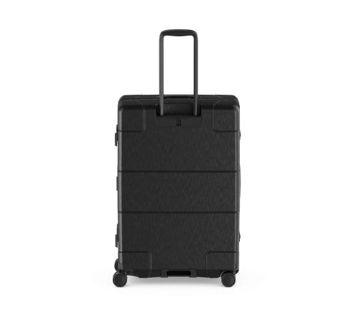 Victorinox Lexicon Framed Large Hardside Case in black, featuring aluminum frame, TSA locks, and 4 dual caster wheels for easy travel.