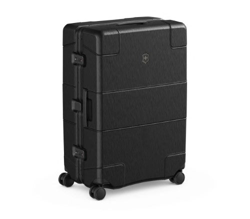 Victorinox Lexicon Framed Large Black Luggage with aluminum frame, TSA locks, and 4 dual caster wheels for easy travel.