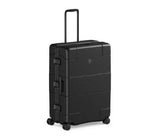 Sleek black Victorinox Lexicon framed luggage with aluminum frame, dual TSA locks, and smooth dual-tube handle for effortless travel.