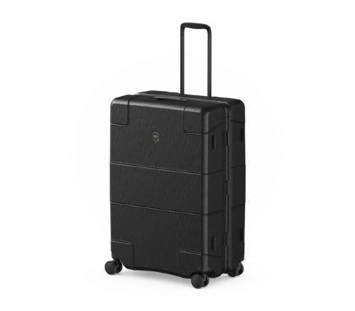 Victorinox Lexicon Framed Large Hardside Case in black, featuring aluminum frame, TSA locks, and smooth dual caster wheels.