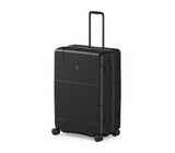 Victorinox Lexicon Framed Large Hardside Case in black, featuring aluminum frame, TSA locks, and smooth dual caster wheels.