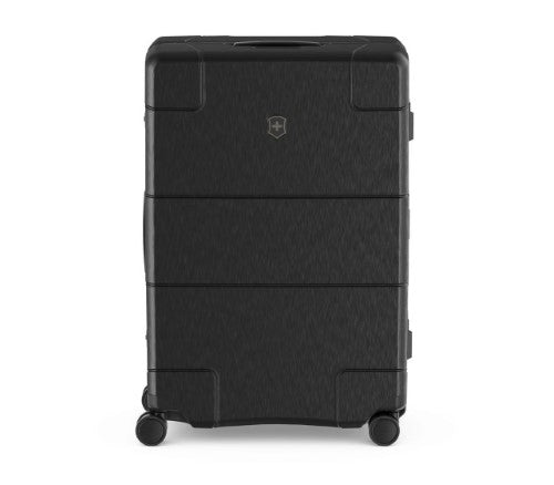 Victorinox Lexicon Framed Large Black luggage with durable aluminum frame, dual TSA locks, and spacious 96L capacity.