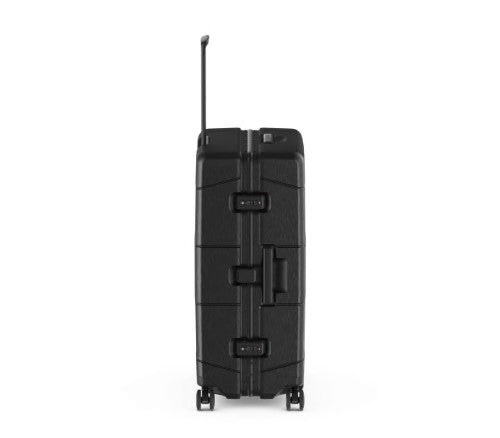 Black Victorinox Lexicon Framed Large Hardside Case with aluminum frame, TSA locks, and four caster wheels for easy travel.