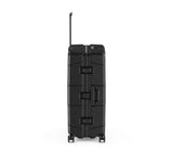 Black Victorinox Lexicon Framed Large Hardside Case with aluminum frame, TSA locks, and four caster wheels for easy travel.