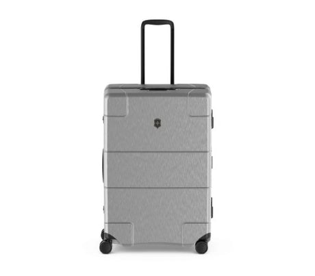 Silver Victorinox Lexicon Framed Large suitcase with aluminum frame, 96L capacity, dual TSA locks, and smooth dual caster wheels.