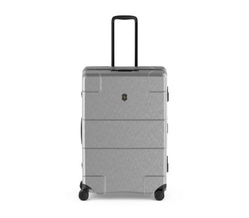 Silver Victorinox Lexicon Framed Large suitcase with aluminum frame, 96L capacity, dual TSA locks, and smooth dual caster wheels.