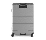 Silver Victorinox Lexicon Framed Large suitcase featuring aluminum frame, TSA locks, 96L capacity, and dual spinner wheels.