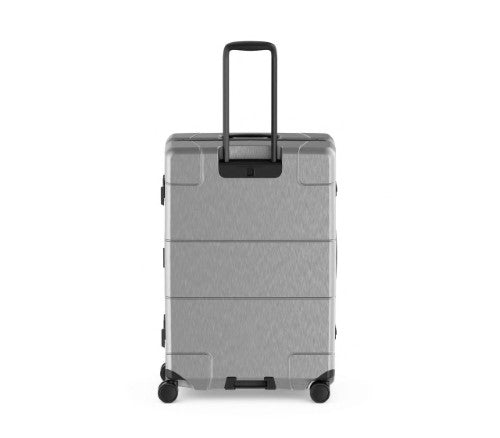 Sleek silver Victorinox Lexicon large hardside suitcase with aluminum frame, TSA locks, and 96L capacity for stylish travel.