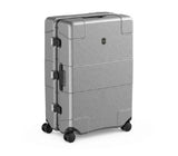 Silver Victorinox Lexicon Large Hardside Suitcase with aluminum frame, TSA locks, 96L capacity, and dual caster wheels.