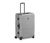 Sleek silver Victorinox Lexicon hardside suitcase featuring 96L capacity, aluminum frame, and four spinner wheels for effortless travel.